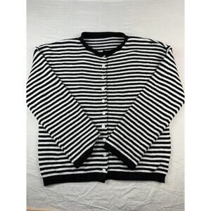 Black White Striped Cardigan Women Button Front Knit Sweater Classic Size L